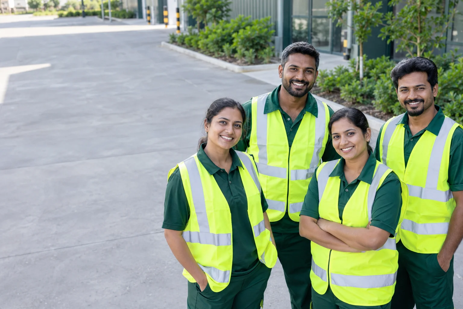 Environmental services team in a facility courtyard