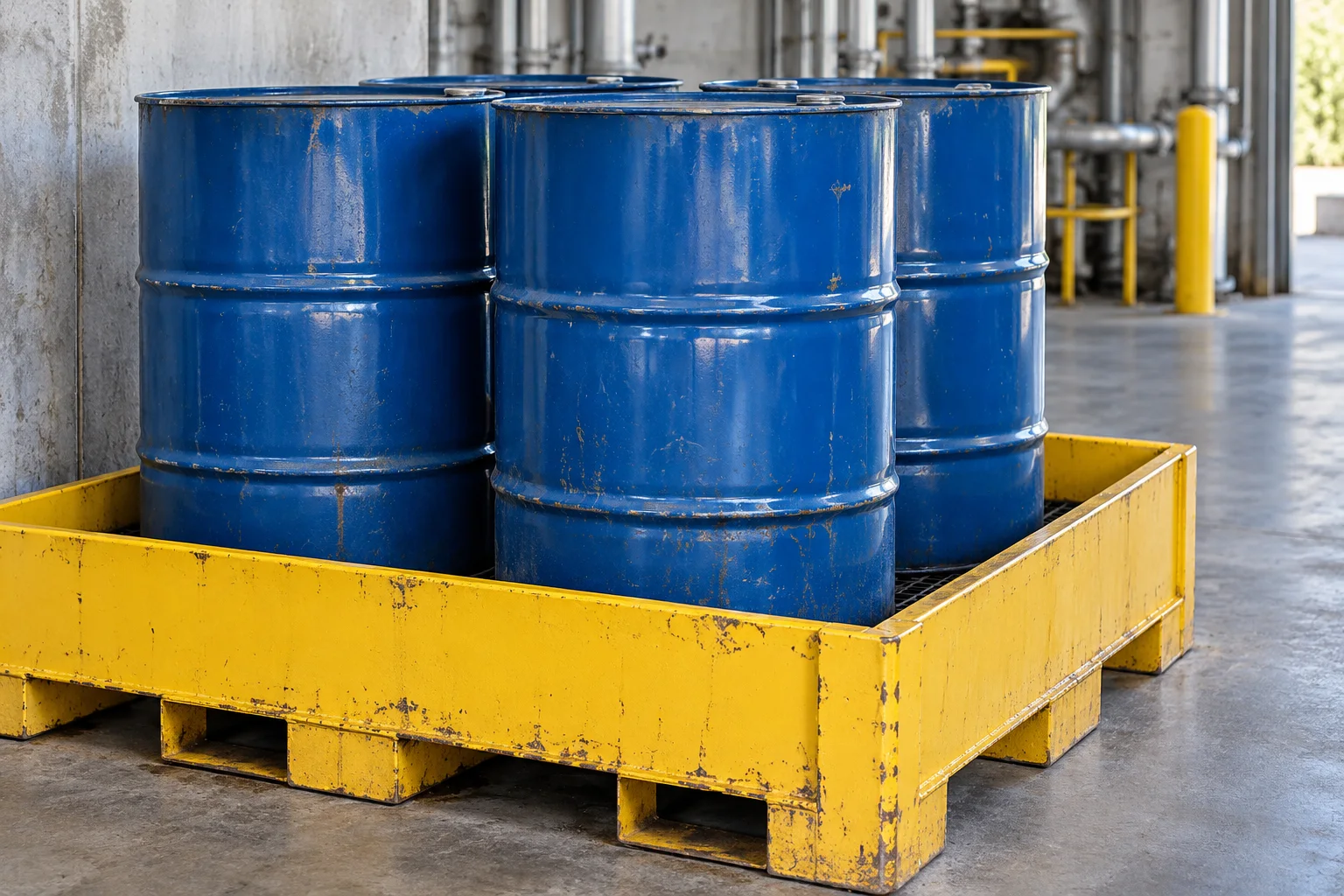 Closed blue industrial waste drums